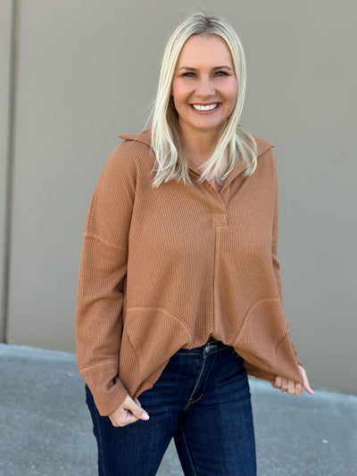 Waffle Knit Collared Top-FINAL SALE