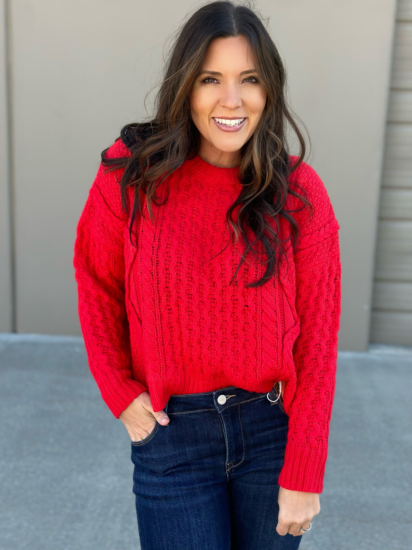 Red Crop Cable Knit Sweater