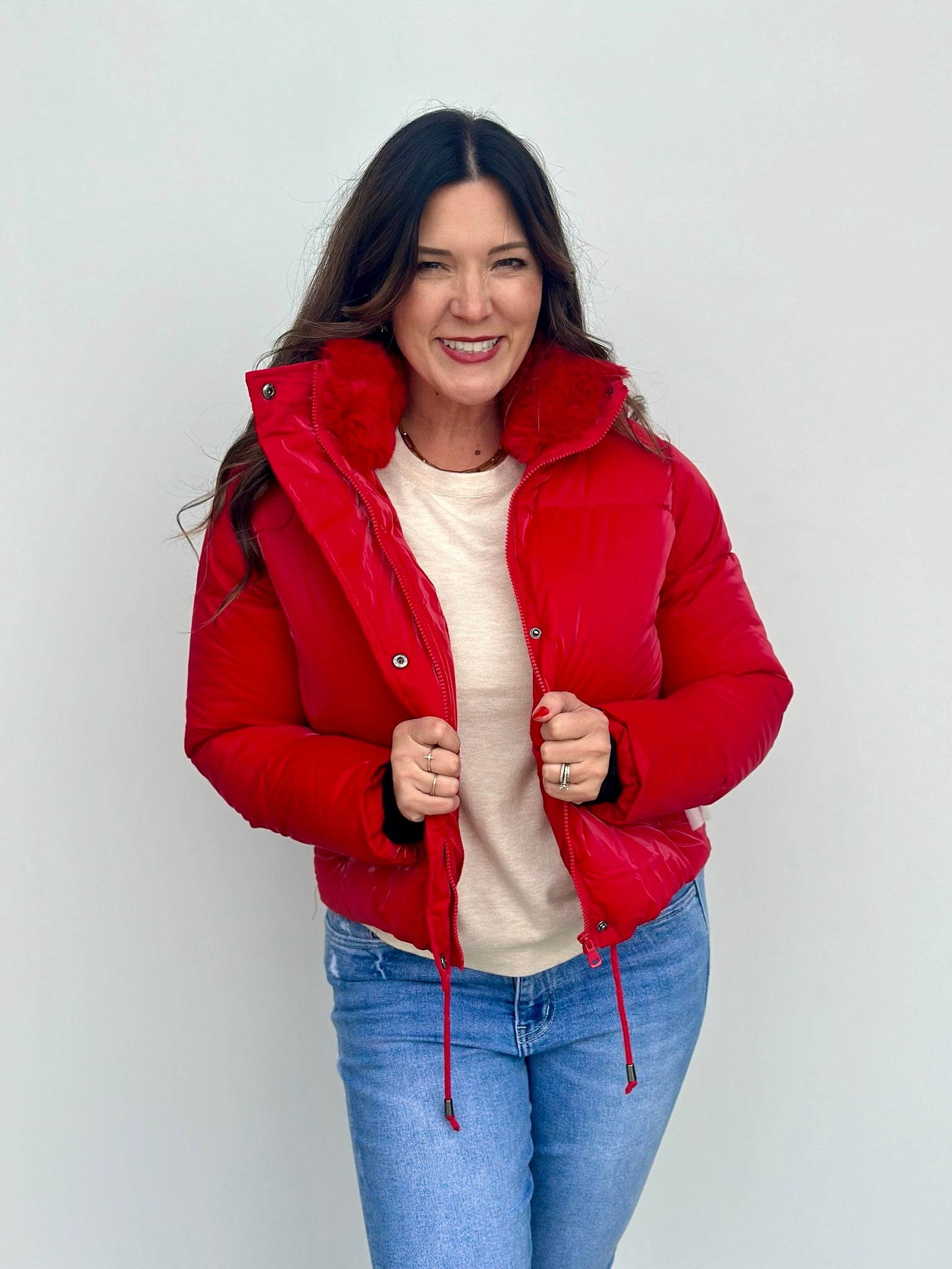 Red down coat with hood on sale