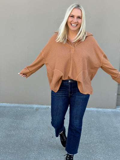 Waffle Knit Collared Top-FINAL SALE