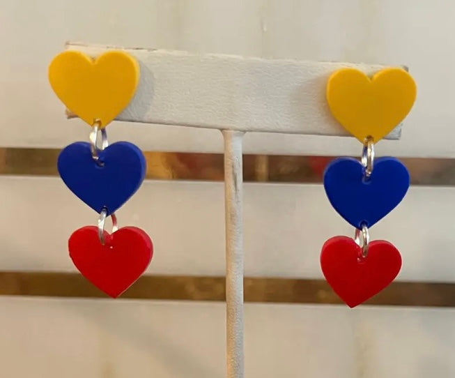 Gold, Red, & Royal 3 Heart Earring