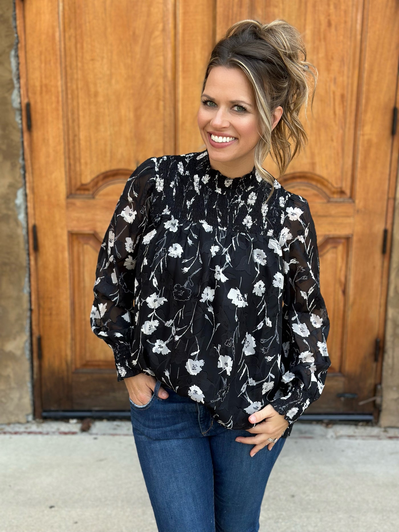 Smocked Detail Floral Blouse