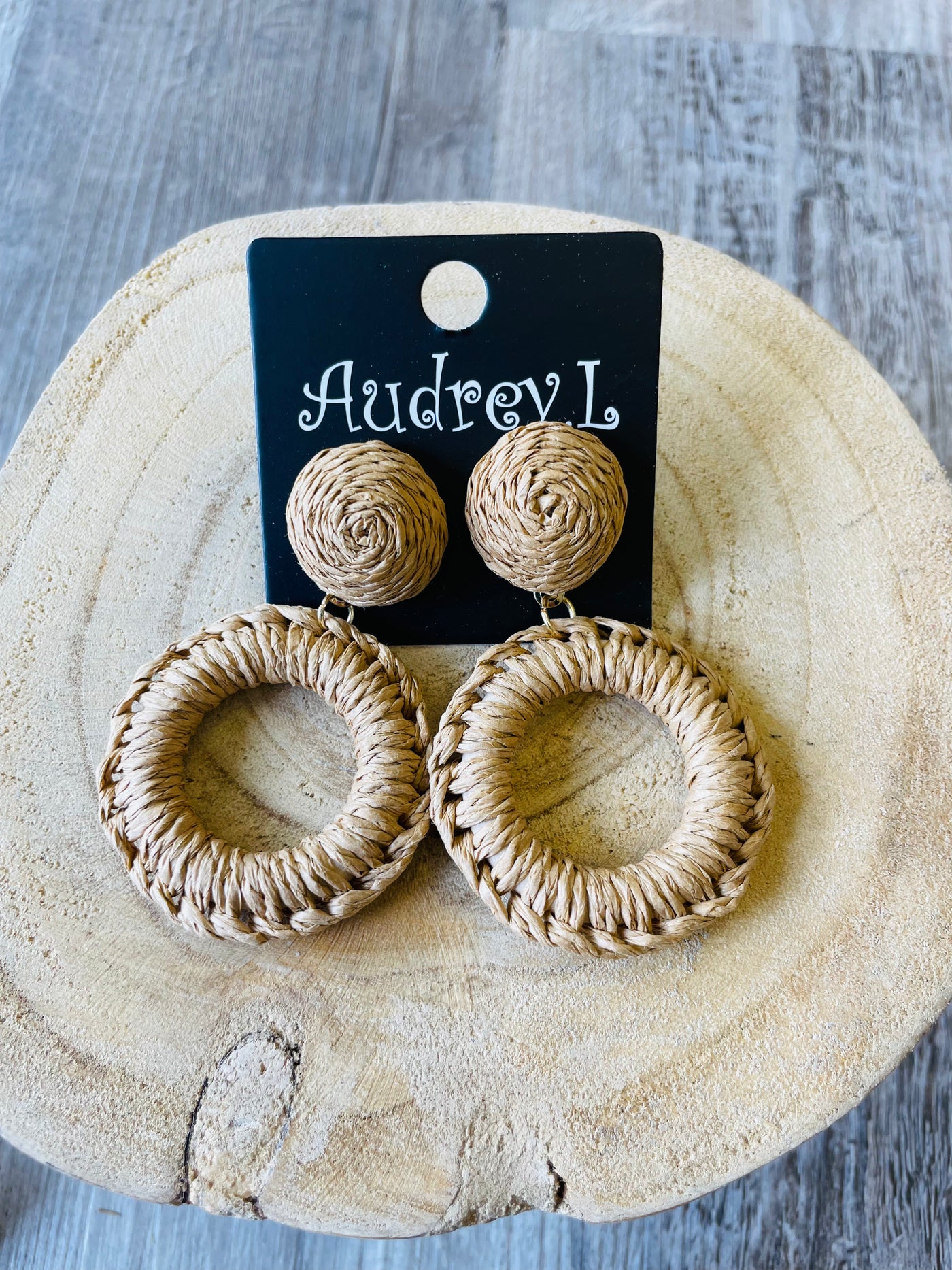 Khaki & Ivory Raffia Circle Earrings
