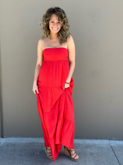 RED STRAPLESS OPEN BACK TIE MAXI DRESS