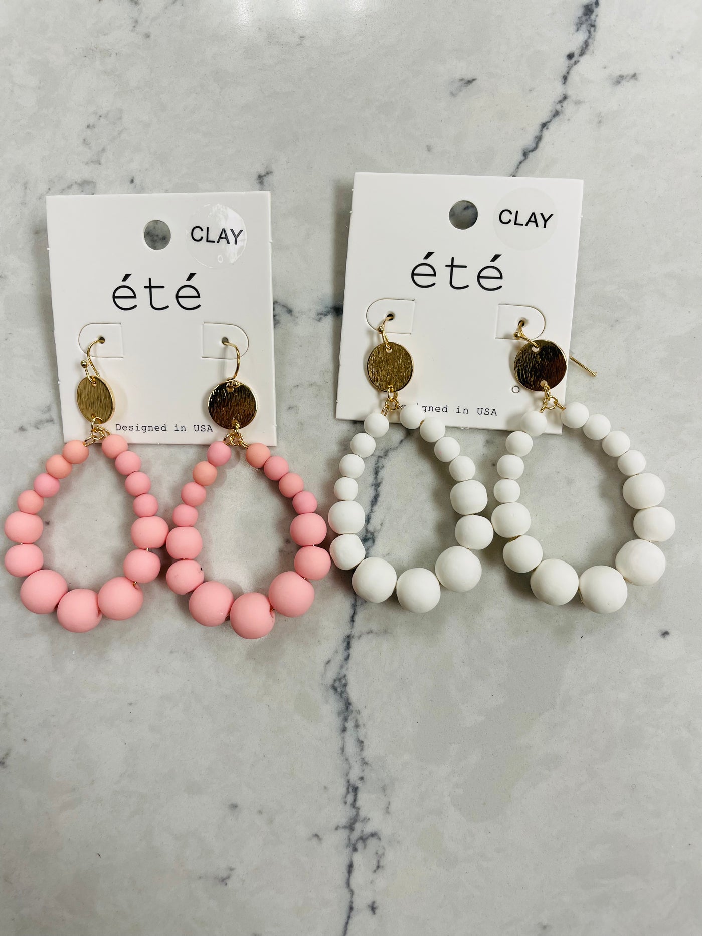 Pink or White Clay Bead Teardrop Earrings