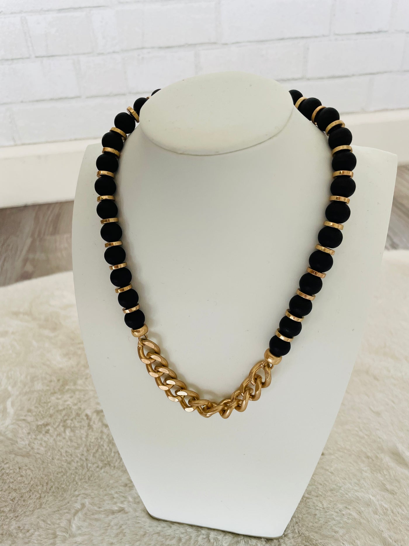 Black Wood Bead & Gold Chain Necklace