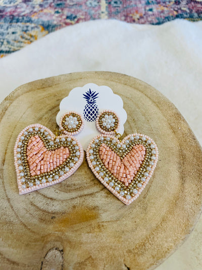 Rhinestone & Pearl Beaded Heart Earrings