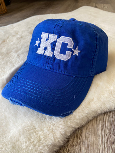 Distressed Embroidered Royal Blue KC Hat- FINAL SALE