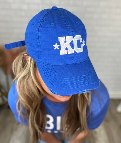 Distressed Embroidered Royal Blue KC Hat- FINAL SALE
